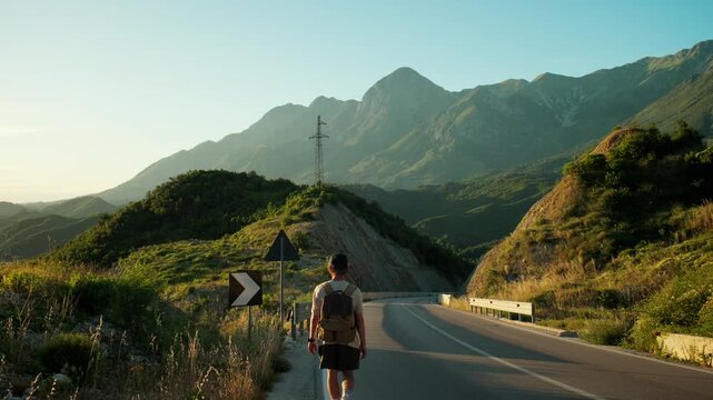 Handheld wide back view of male traveler receding down mountain road into the distance at sunset. Small figure, long downhill and expansive landscape emphasize journey, freedom and solitude.