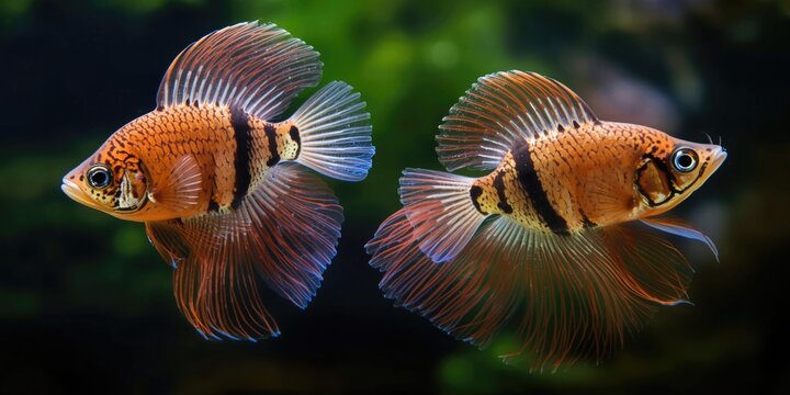 Vibrant pair of zebra danio with flowing veil fins in freshwater tank
