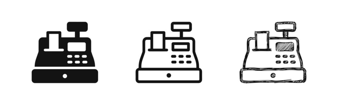 Cash Register Icon Set - POS Terminal Symbols in Solid, Outline, and Hand-Drawn Styles