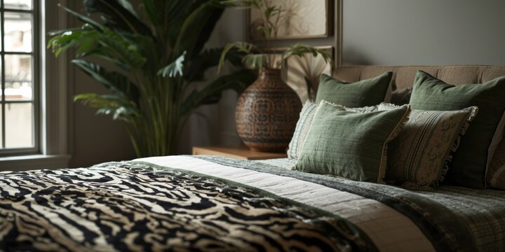 Upscale bedroom interior with zebra print bedding, soft green pillows, and a stylish decorative houseplant