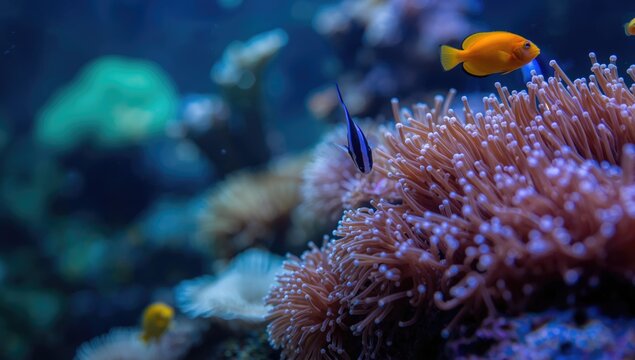 Educational aquarium setup with anemones and diverse marine species alongside copy space