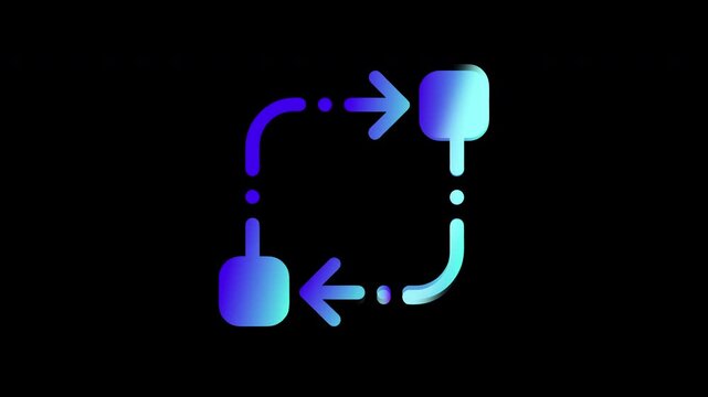 Neon gradient P2P data transfer icon animation on black background. Glowing blue and purple outline peer to peer transaction scale in