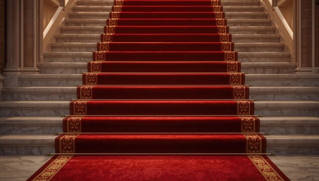 Red carpeted grand staircase in a luxurious interior