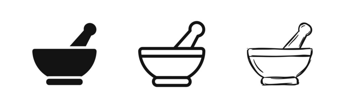 Mortar and pestle icon set in solid line and hand drawn styles for pharmacy medical and herbal medicine design