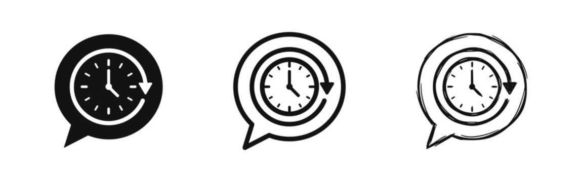 Response time icon set, clock in speech bubble with update arrow vector illustration