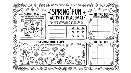 Kids spring activity placemat with maze and coloring games © supri