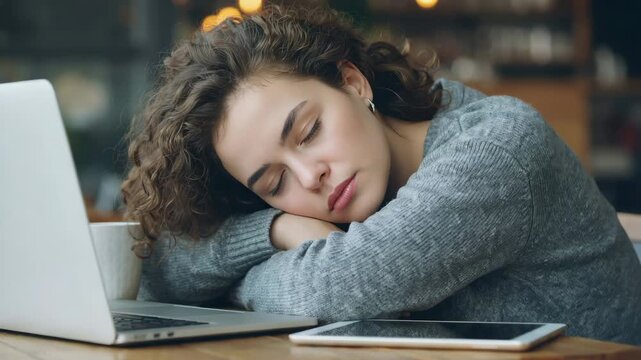 Tired young woman sleeping at desk with laptop and tablet in a modern workspace environment feeling exhausted and overwhelmed with work