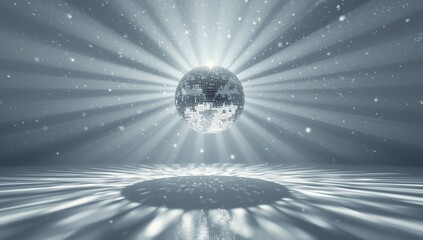 Luminous disco ball generating sparkling light rays and soft shadow contrasts on a white surface