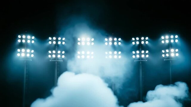 Stadium lights shining brightly in dark night with smoke effects creating dramatic atmosphere for sports events and competitions under floodlights