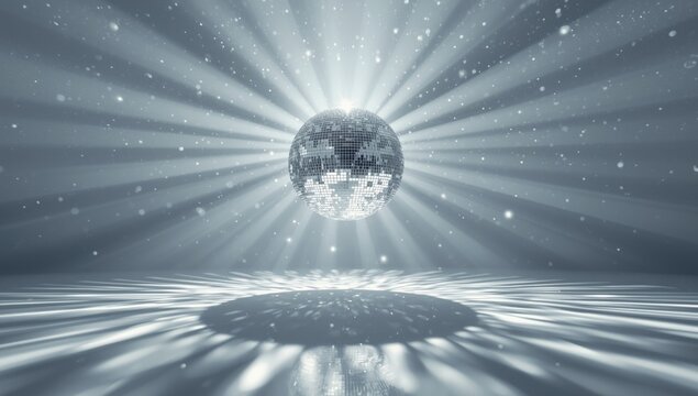 Luminous disco ball generating sparkling light rays and soft shadow contrasts on a white surface