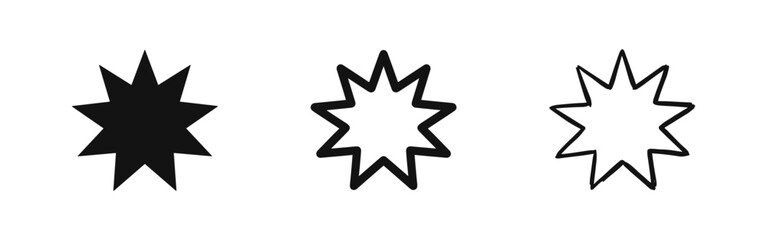 Starburst or explosion icon set in solid, outline, and sketch styles. Attention or highlight symbol. © drawing lines