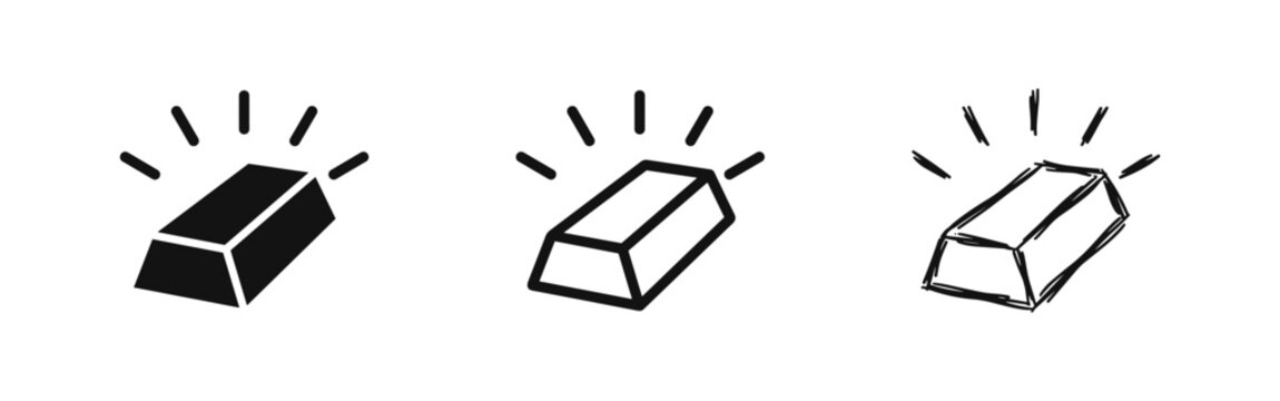 Shiny gold bar icon set in three different styles: solid silhouette, thin outline, and hand-drawn doodle sketch.