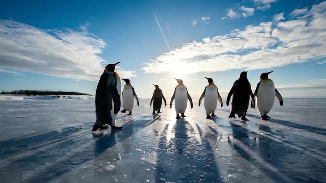 Group of penguins walking on icy landscape with sunny blue sky and clouds Antarctica wildlife scene with penguin colony on frozen tundra