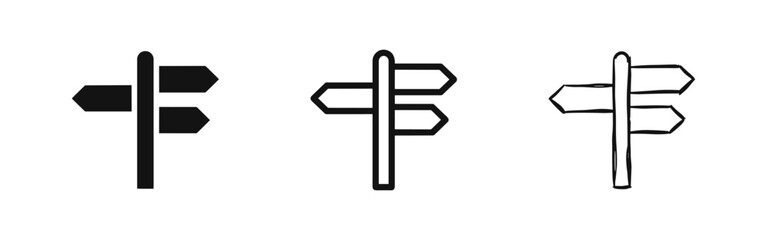 Signpost icon set. Directional road sign symbol in solid, outline, and hand-drawn styles. © drawing lines