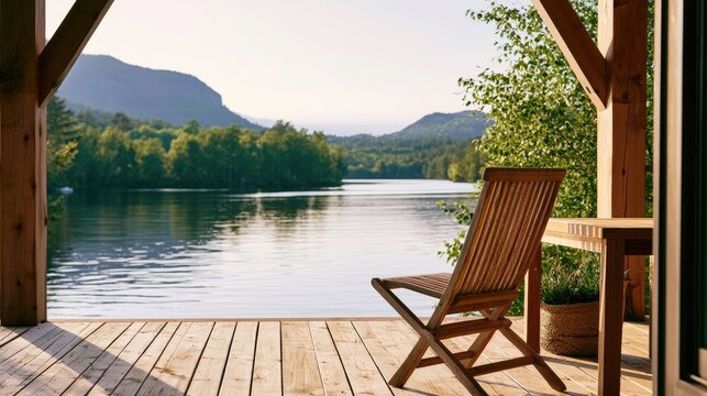 Wooden deck with chair overlooks serene lake and forested mountains