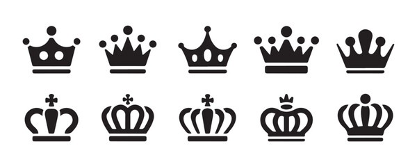 Set of black vector crown icons on transparent background for royal heraldic design projects. © StockDesign