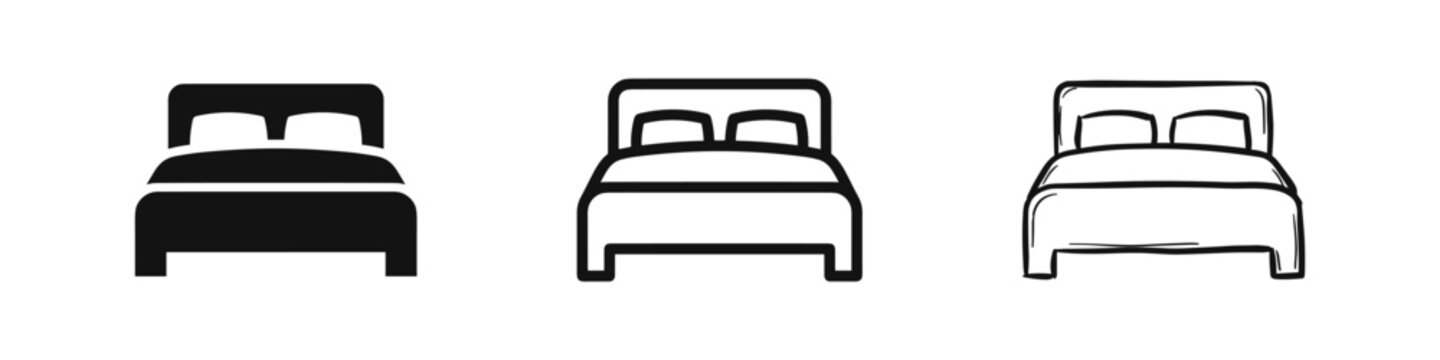 Double bed icon set in solid, outline, and hand-drawn styles, symbolizing comfort and sleep.