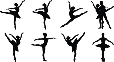 Classical Ballet Dancer Silhouettes Set with Elegant Ballerinas Performing Graceful Poses and Grand Jeté Leaps © Mukta