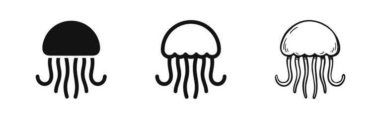 Jellyfish Icon Set. Marine life and ocean animal symbols in glyph, outline, and hand-drawn styles. © drawing lines