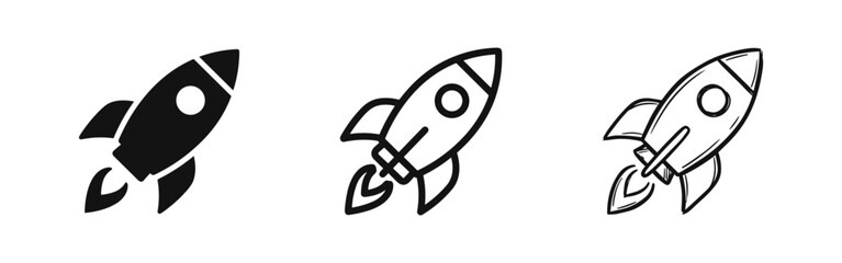 Set of rocket ship icons in flat solid, outline, and hand-drawn sketch styles for startup and space concepts. © drawing lines