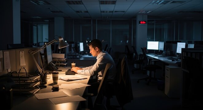 Late Night Office Work in Dimly Lit Cubicle
