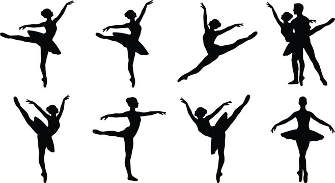 Classical Ballet Dancer Silhouettes Set with Elegant Ballerinas Performing Graceful Poses and Grand Jet&eacute; Leaps