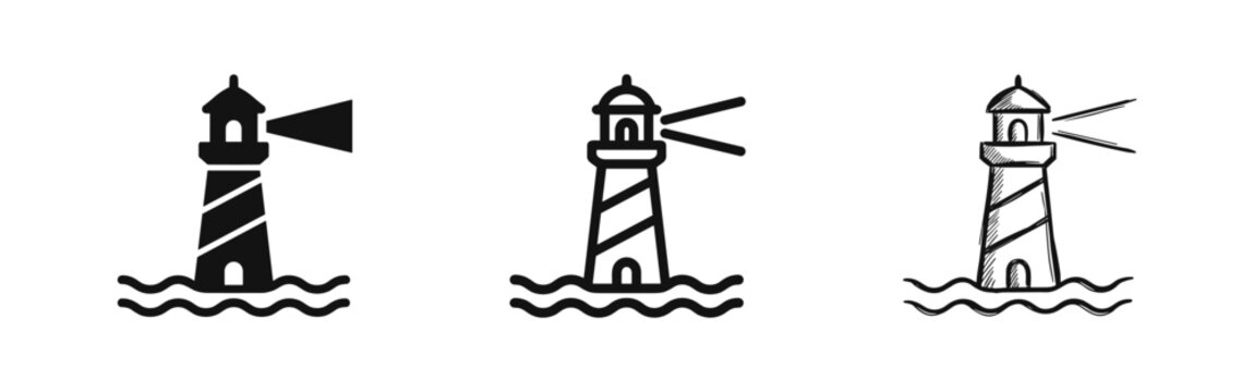 Lighthouse Icon Set with Waves and Light Rays. Coastal Beacon Outline and Doodle Icons, Marine Navigation Symbol Collection.