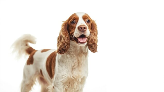 Joyful English Cocker Spaniel dog standing proudly against bright white backdrop