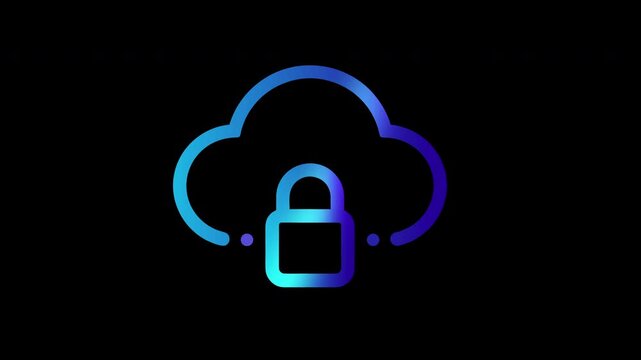 Neon gradient cloud security padlock icon animation on black background. Glowing blue and purple outline cloud lock scale in