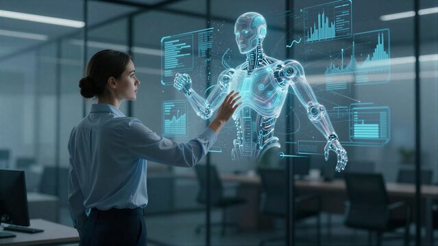 Woman interacts with holographic robot in futuristic office, data screens glowing blue.