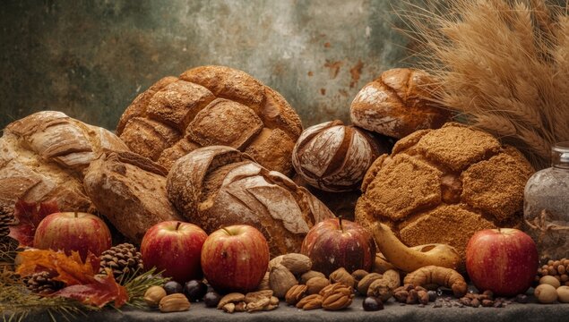 Various types of bread with apples, nuts, and wheat stalks