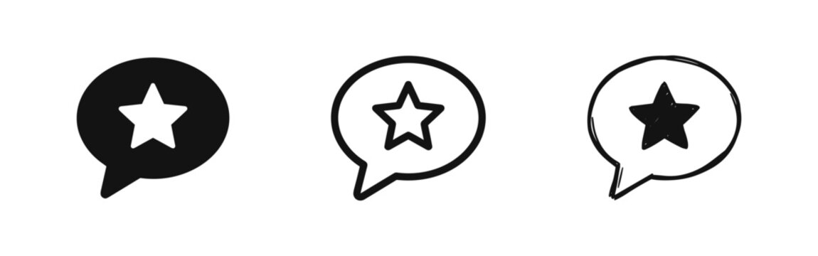 Speech bubble star icon set, feedback chat bubbles with rating star, review message symbols