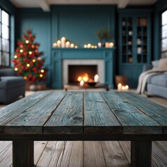 Obraz premium Rustic wooden table facing fireplace in decorated living room
