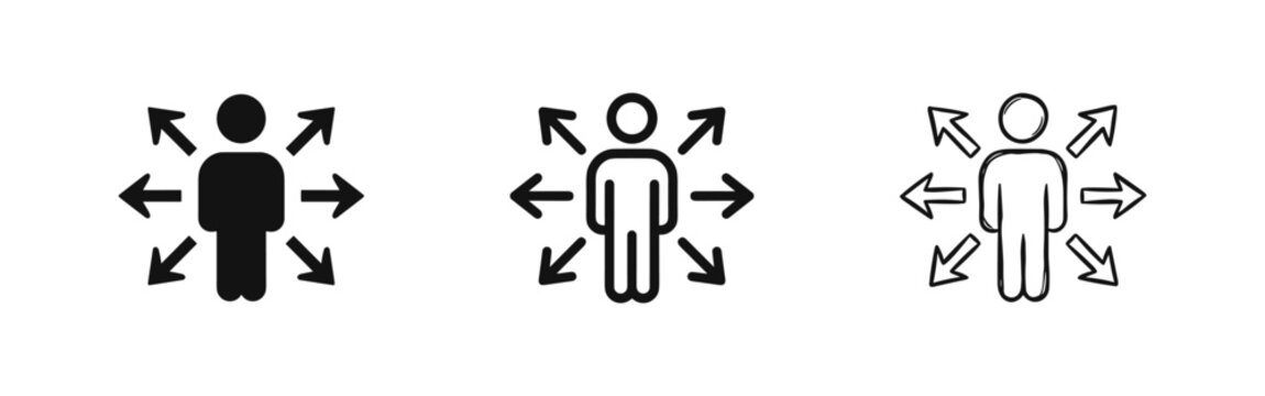 Outline style person icon with arrows pointing in all directions, representing choice, decision-making, opportunity, and freedom.