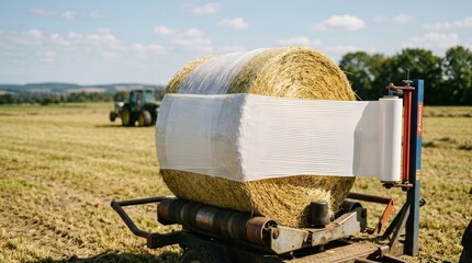 Obraz premium Round hay bale being wrapped in protective plastic film by a baler.