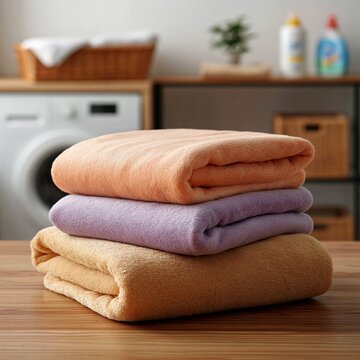 Folded towels stacked on wooden table in laundry room