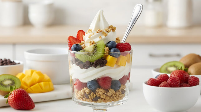 Elegant frozen yogurt parfait with colorful fruit toppings on a countertop  