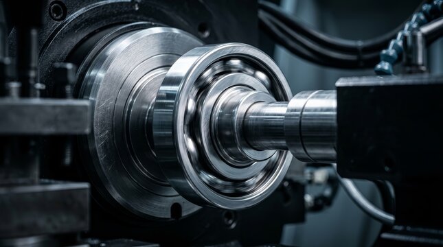 Industrial lathe machine spinning a shiny steel ball bearing in motion.