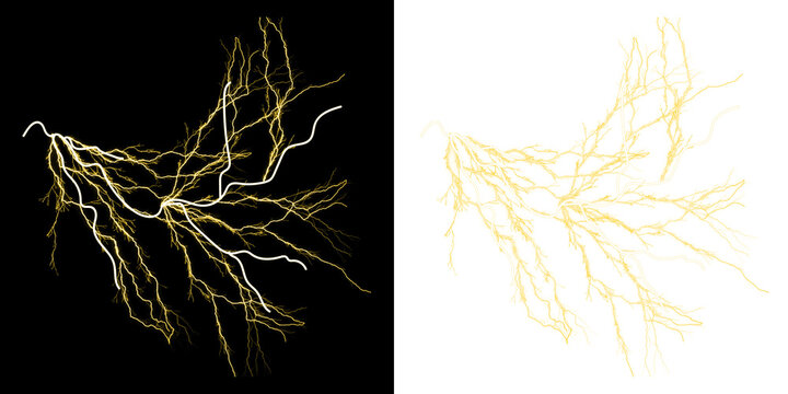 Yellow lightning bolt with branching fractal patterns on split background isolated on a transparent background