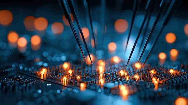 Abstract digital circuit board with glowing orange lights and probes