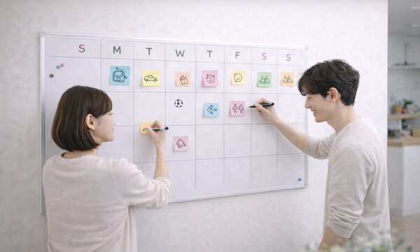 家族で予定を共有するカレンダーボード スケジュール管理と家事分担のイメージ