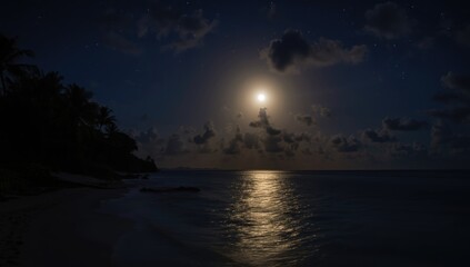 Fototapeta premium Night ocean view with tropical beach and luminous full moon
