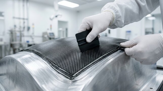 Professional worker applying carbon fiber material to a metal mold in a sterile laboratory.