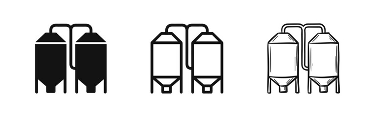 Industrial storage silo tanks icon set in solid, outline, and hand-drawn styles © drawing lines