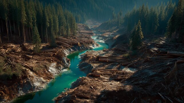 A turquoise river winds through a deforested landscape, surrounded by towering trees and fallen logs