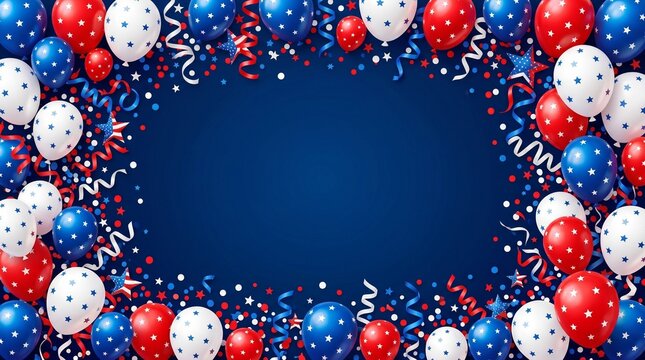 Patriotic 4th of july celebration background with red white and blue balloons