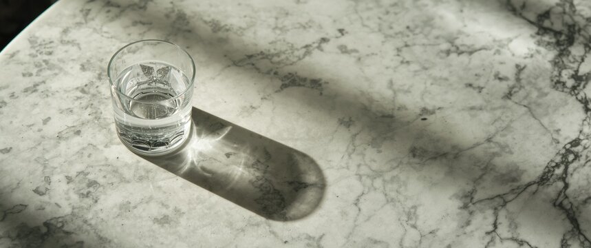 Single glass of water on textured marble table with subtle highlights and shadows