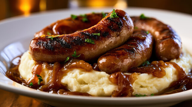 food photography of british bangers and mash