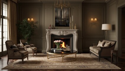 Obraz premium Sophisticated living room setup with elegant furniture and a decorative fireplace