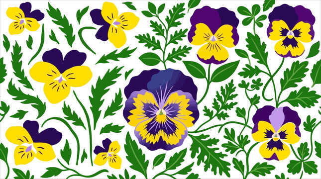 Seamless Floral Pattern Featuring Vibrant Purple and Yellow Pansy Flowers with Green Foliage for Decorative Textiles